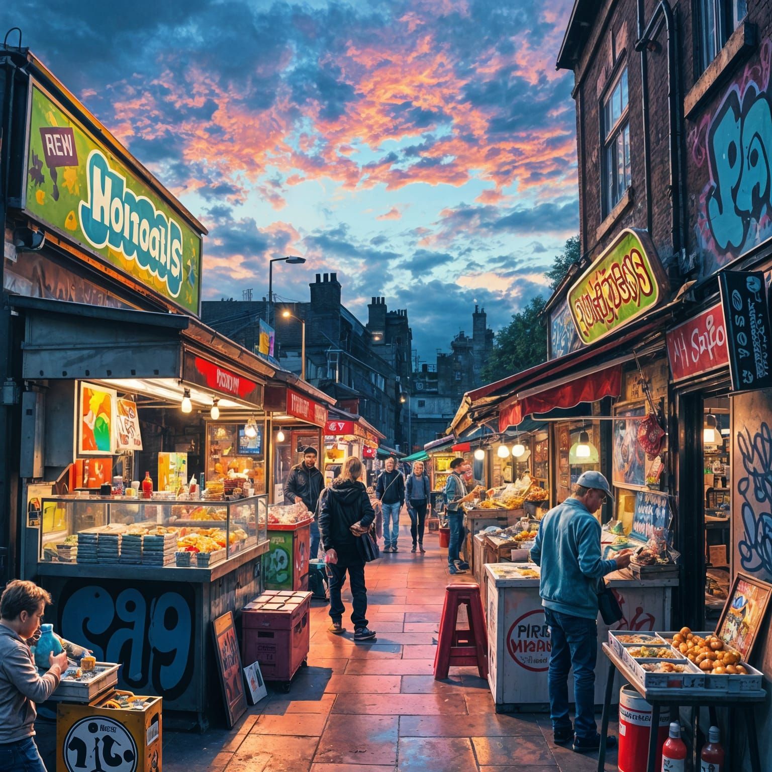 Luminous Street Food Market in Vibrant English Nightlife