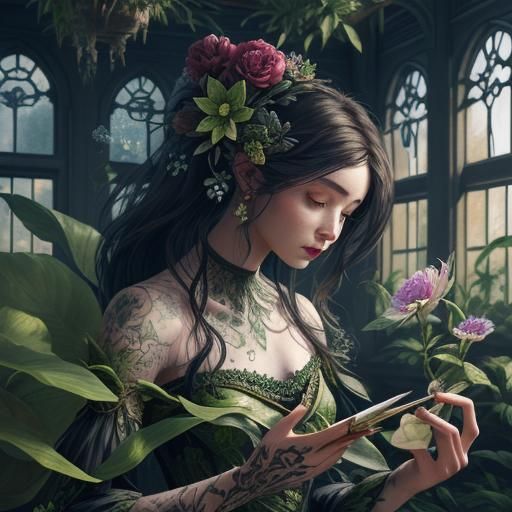 Botanical Ink Drawing: Woman Surrounded by Deadly Flowers