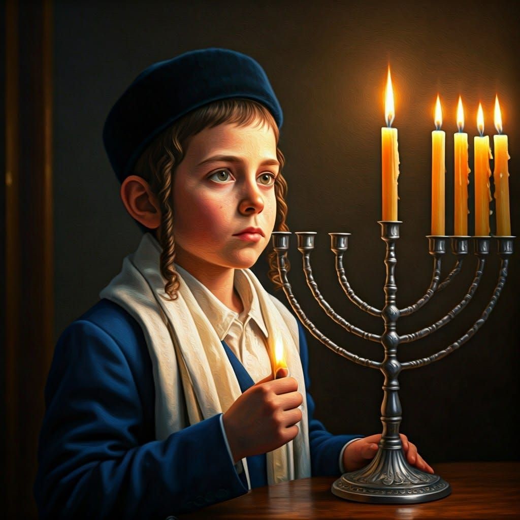 Hasidic Boy Lighting Menorah in Realistic Style