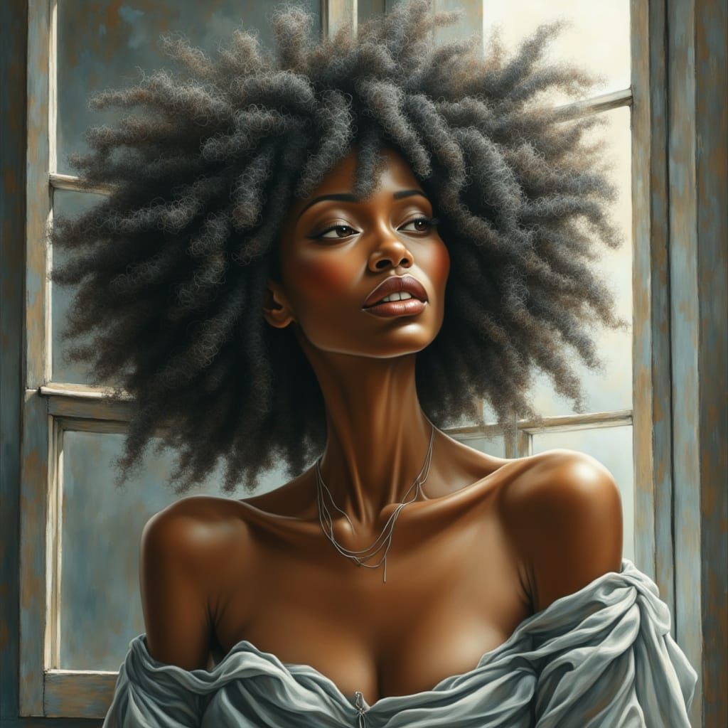 Ethereal Silver-Haired Woman Gazing Through Window