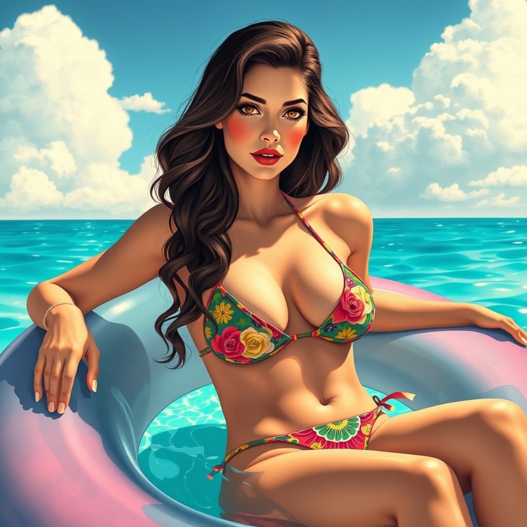 Sultry Goddess on Vibrant Lilo in Art Nouveau Style