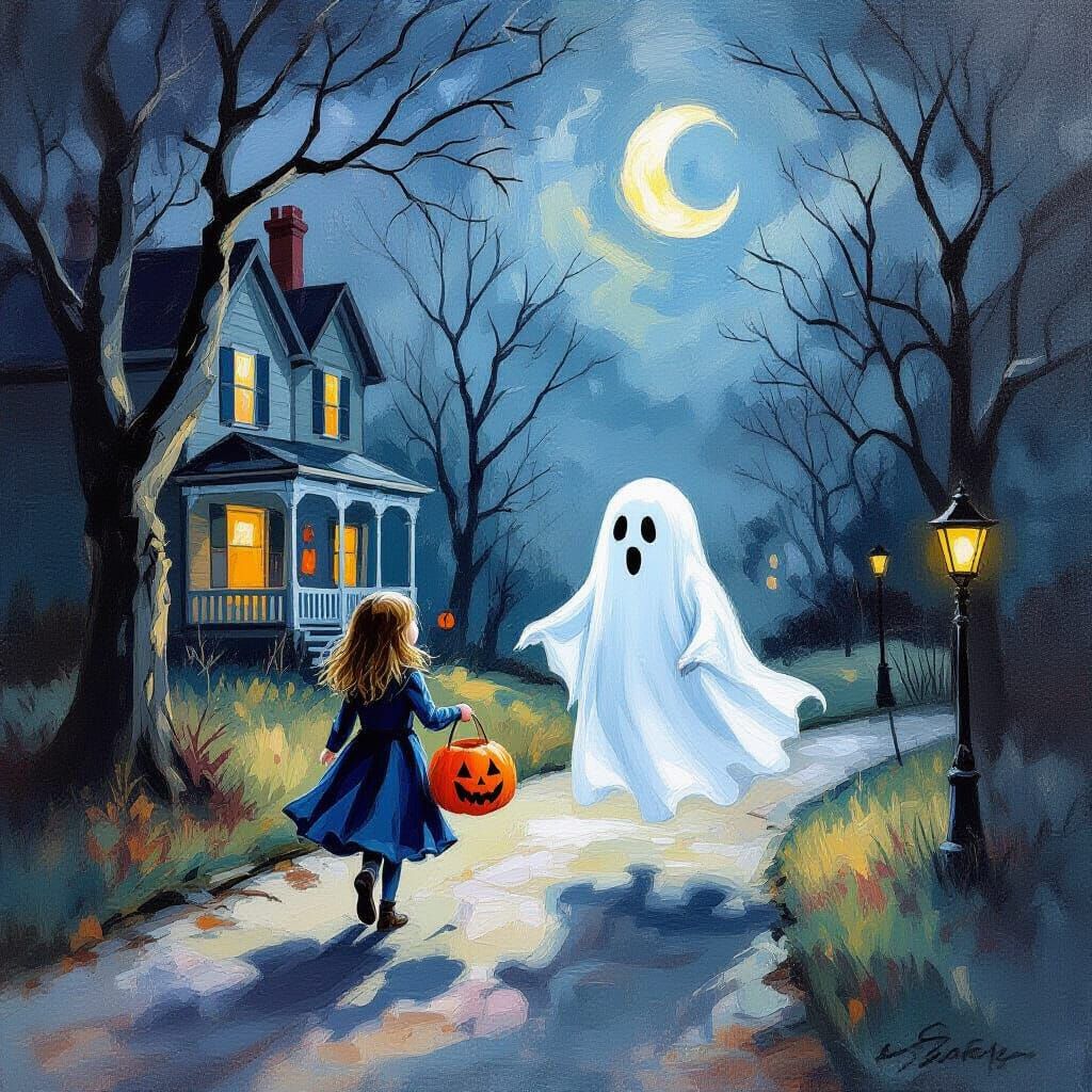 Ghostly Trick or Treat in Impressionist Gouache Style