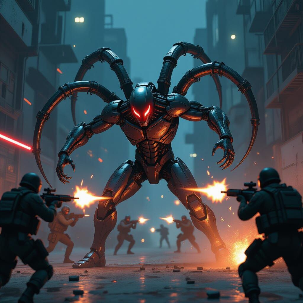 Biomechanical Shapeshifter Battles Soldiers in Gritty Citysc...