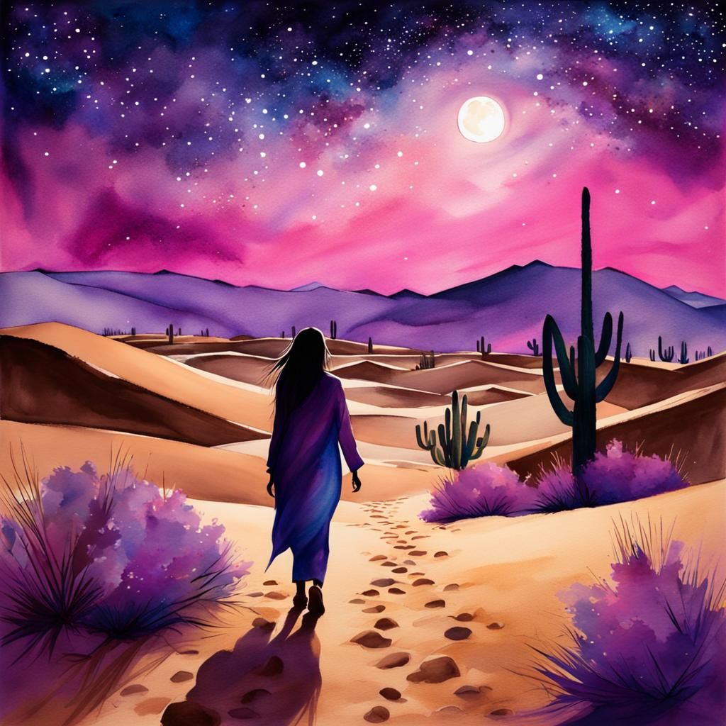 Desert Night Sky: A Fantasy Watercolor Landscape