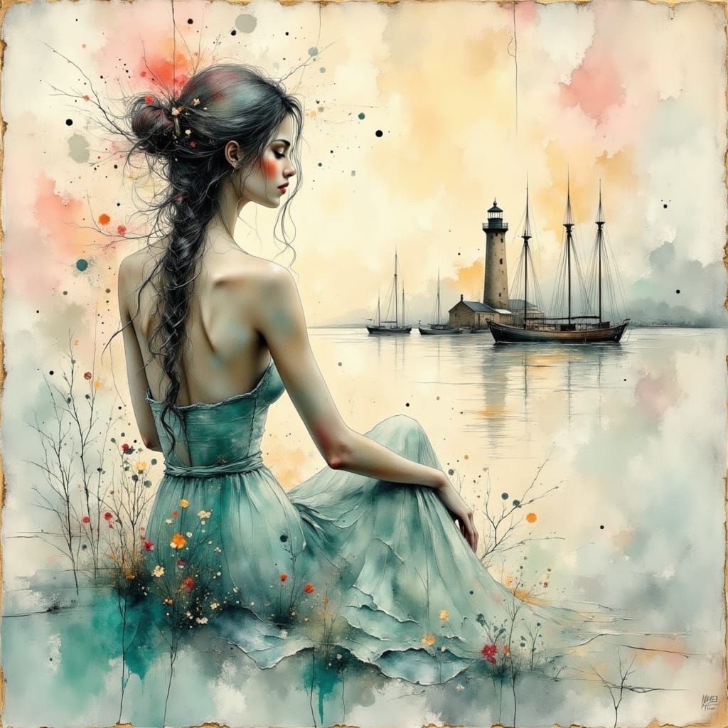 Ethereal Woman on Textured Canvas Seascape