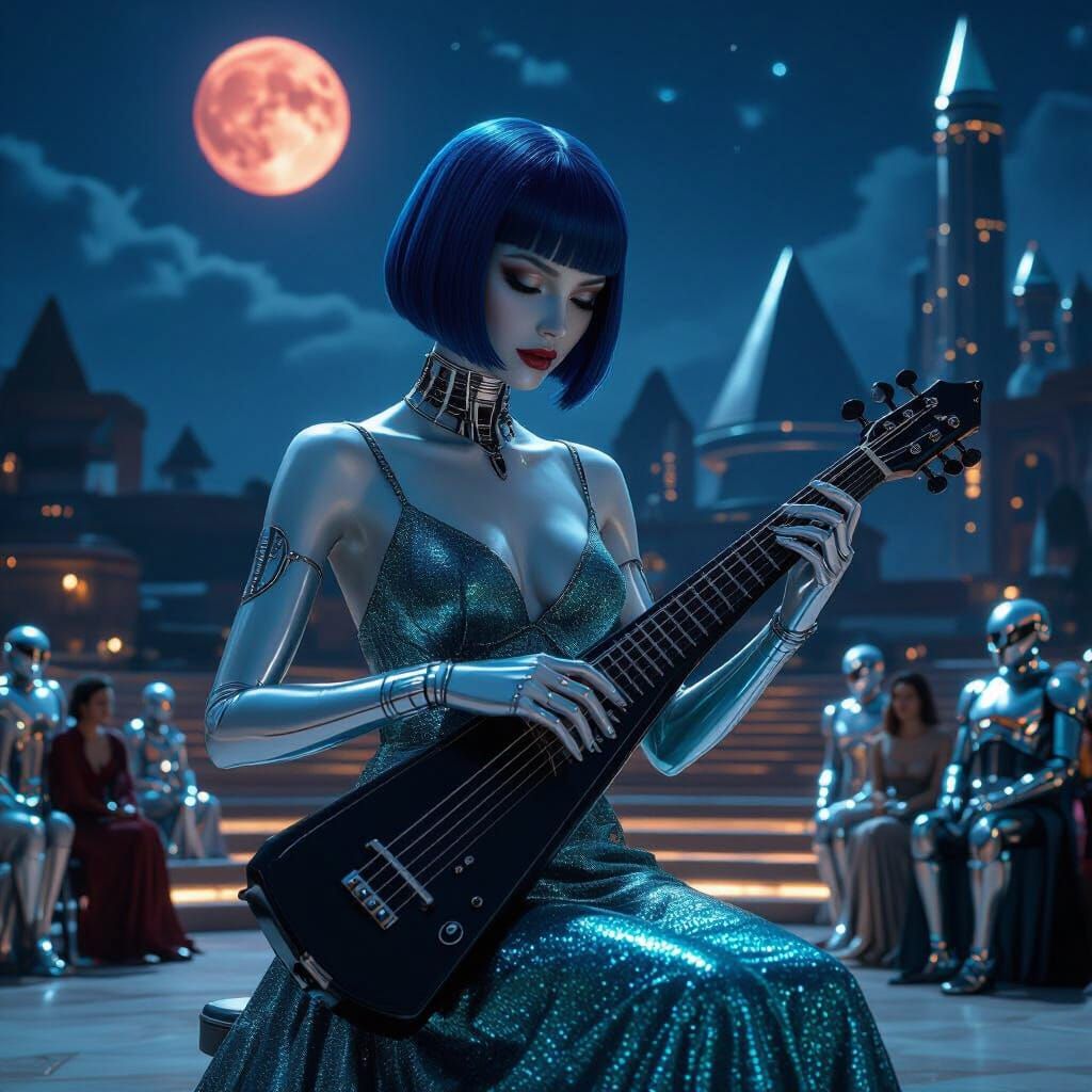 Android Musician Under Red Moon in Alien City