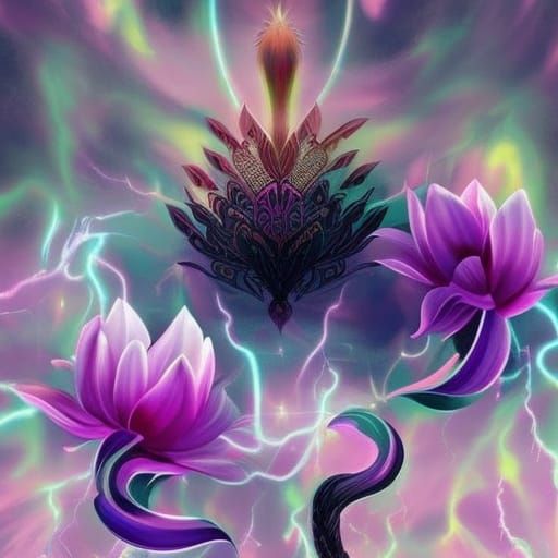 Giant Lotus with Lightning Crown: Psychedelic Digital Art