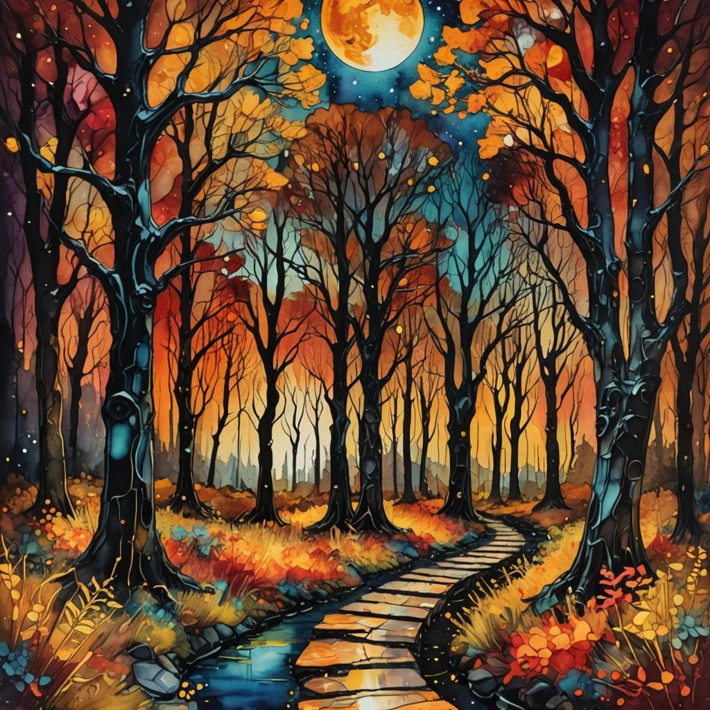 Moonlit Forest Path in Impressionist Alcohol Ink Style