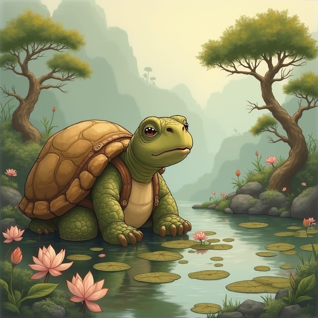 Wise Turtle at Lotus Pond in Children's Book Style