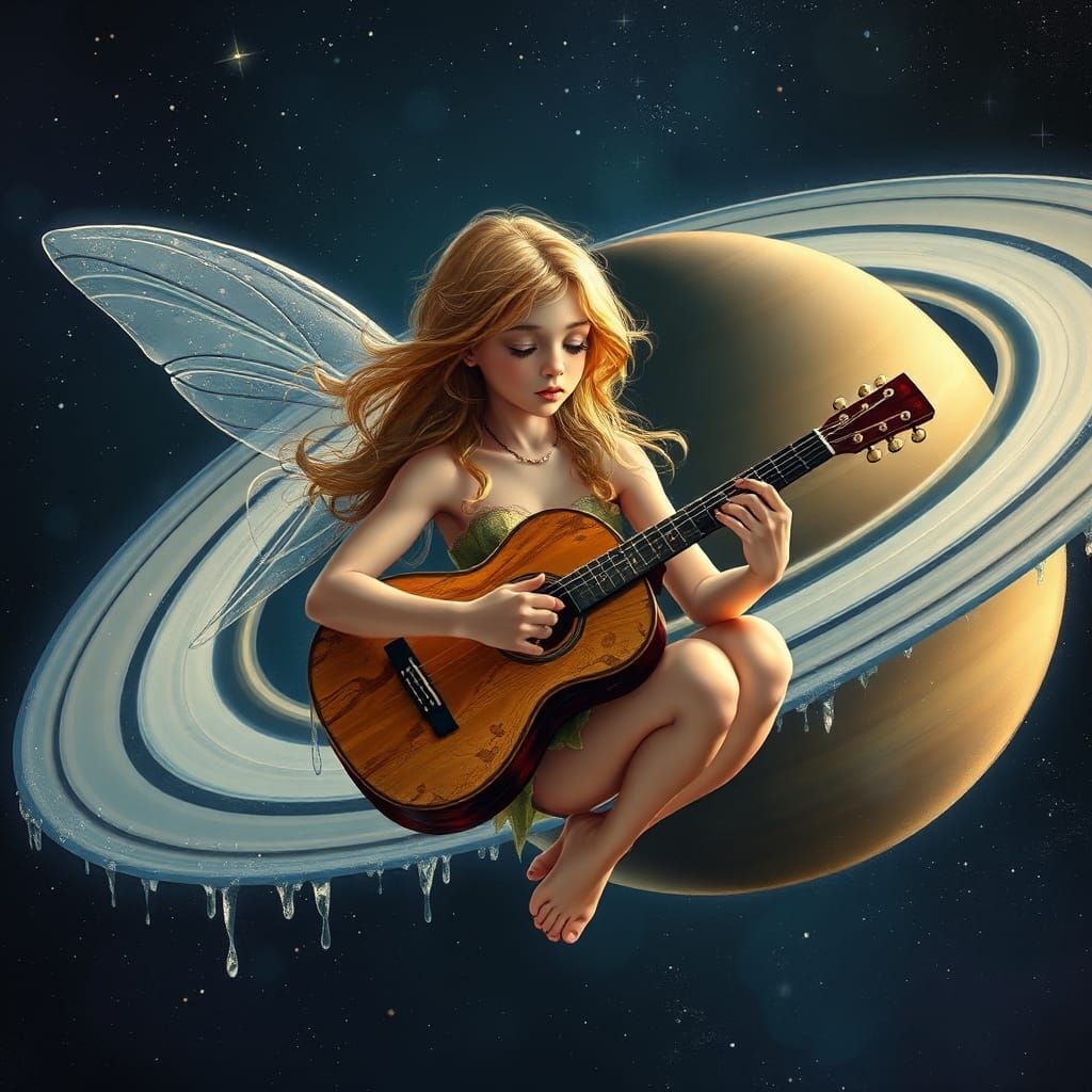 Serene Fairy Plays Guitar on Saturn's Rings
