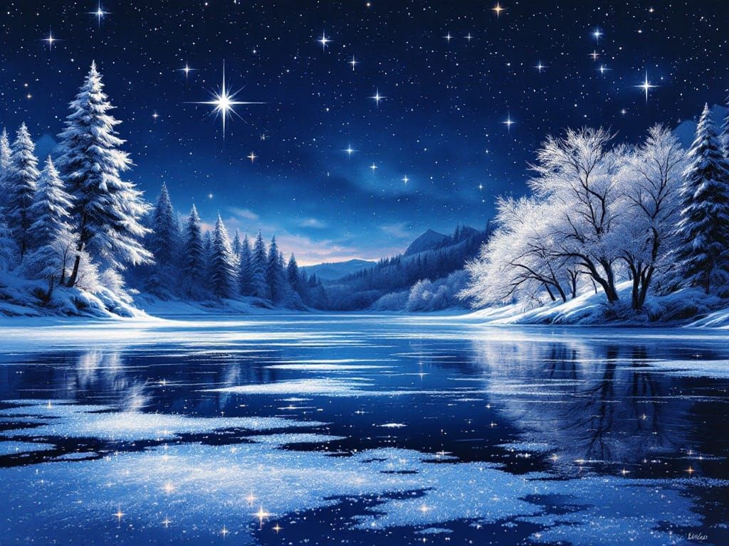 Crystal Lake Under Starry Skies, in Dreamlike Style