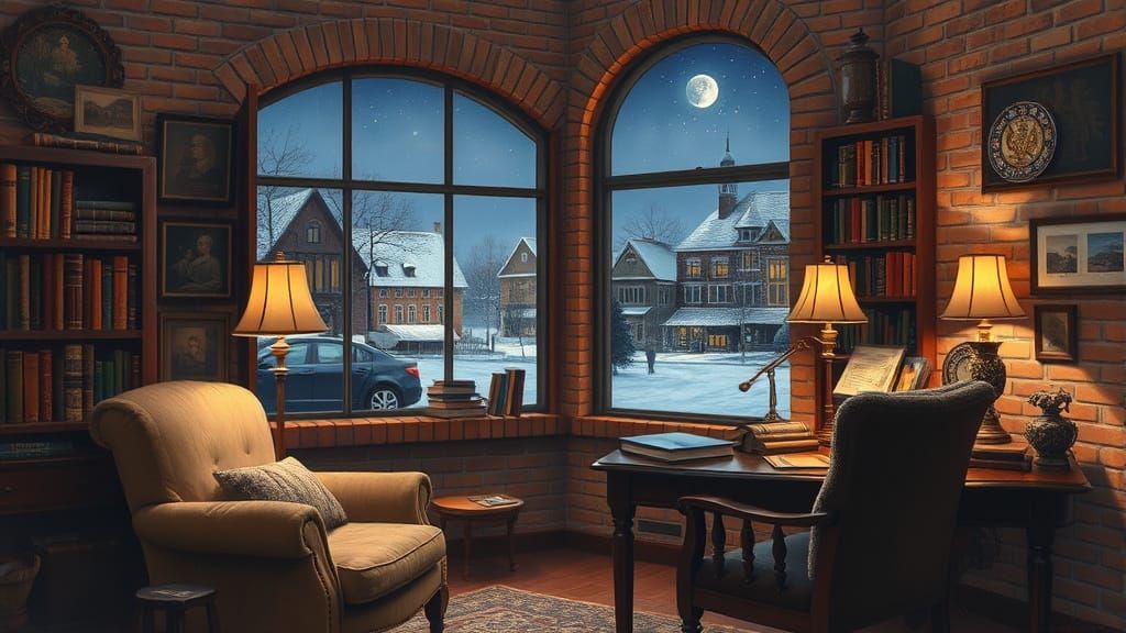 Cozy Home Office at Night in Neo-Impressionist Style