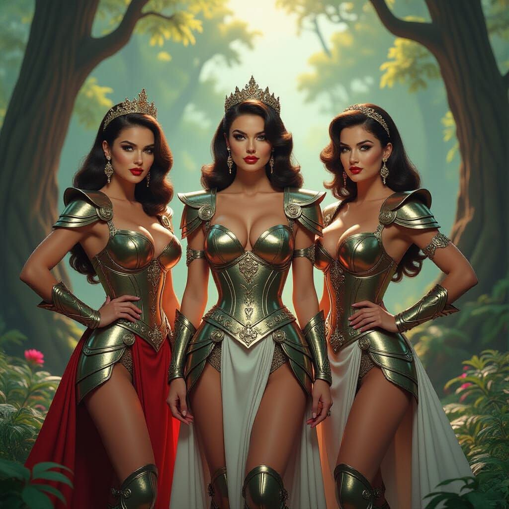 Italian Warrior Goddesses in Mystical Forest, Hyperrealism