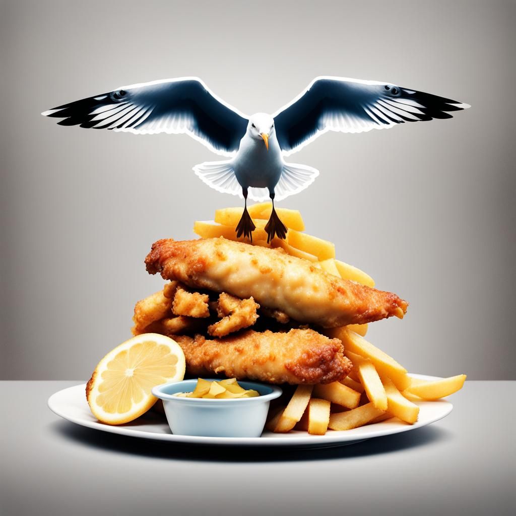 Seagull Silhouette Double Exposure with Fish and Chips