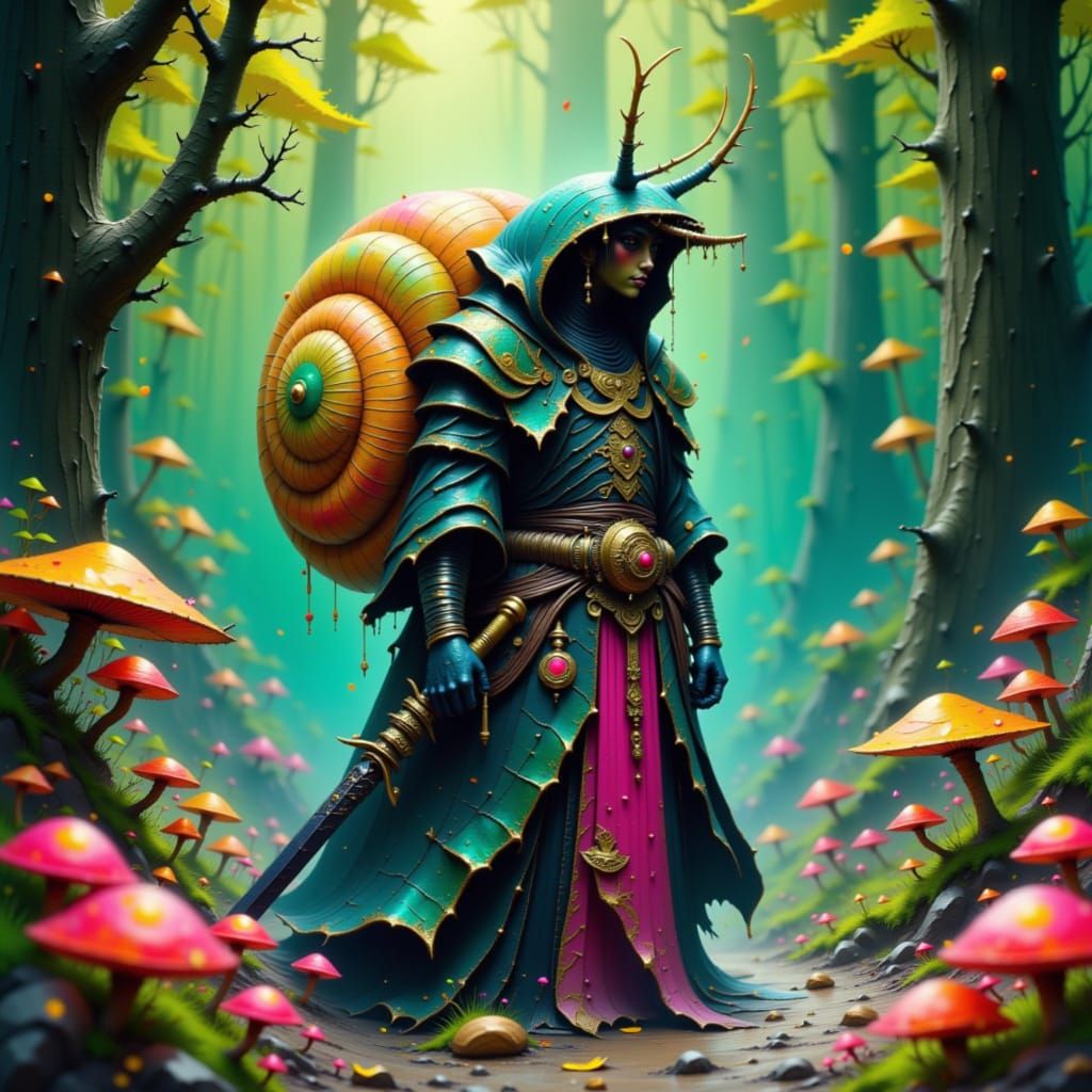 Samurai Slug in Mystical Forest, Digital Art