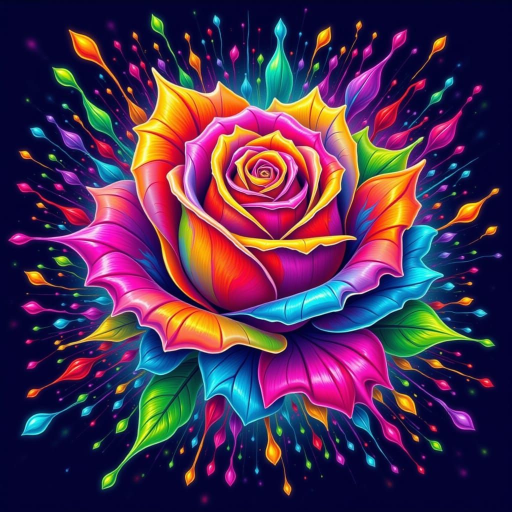 Rose with Cosmic Splash Art Explosion in Neon Glow