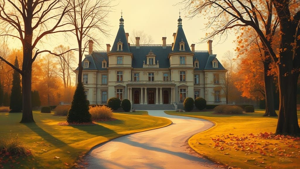Chateau in Golden Afternoon Light, Impressionist Style