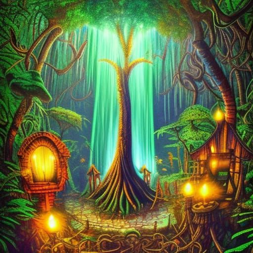 Enchanted Forest with Illuminated Waterfalls in Neon Colors