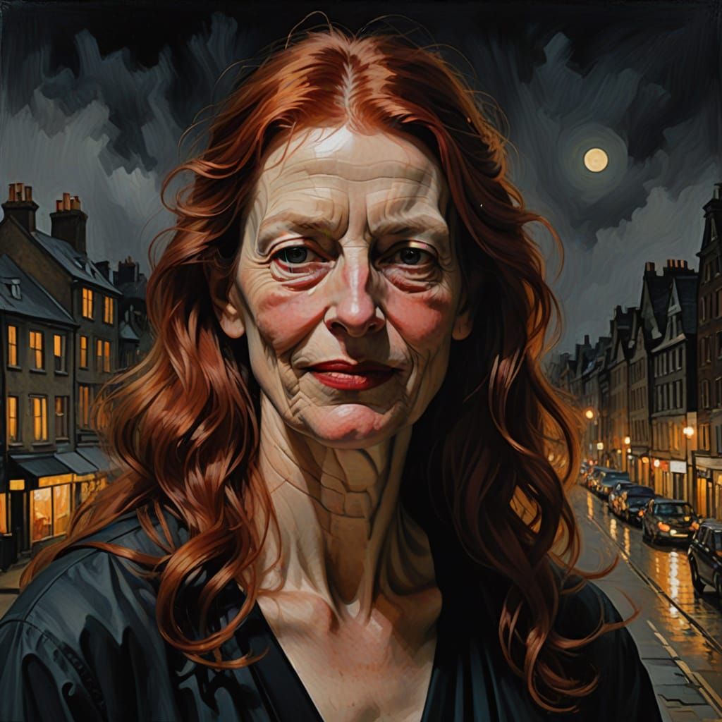 Woman with Long Red Hair in a City, Oil Painting in High Con...