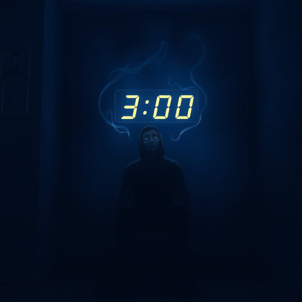 Surreal Sleepless Figure in Dimly Lit Room