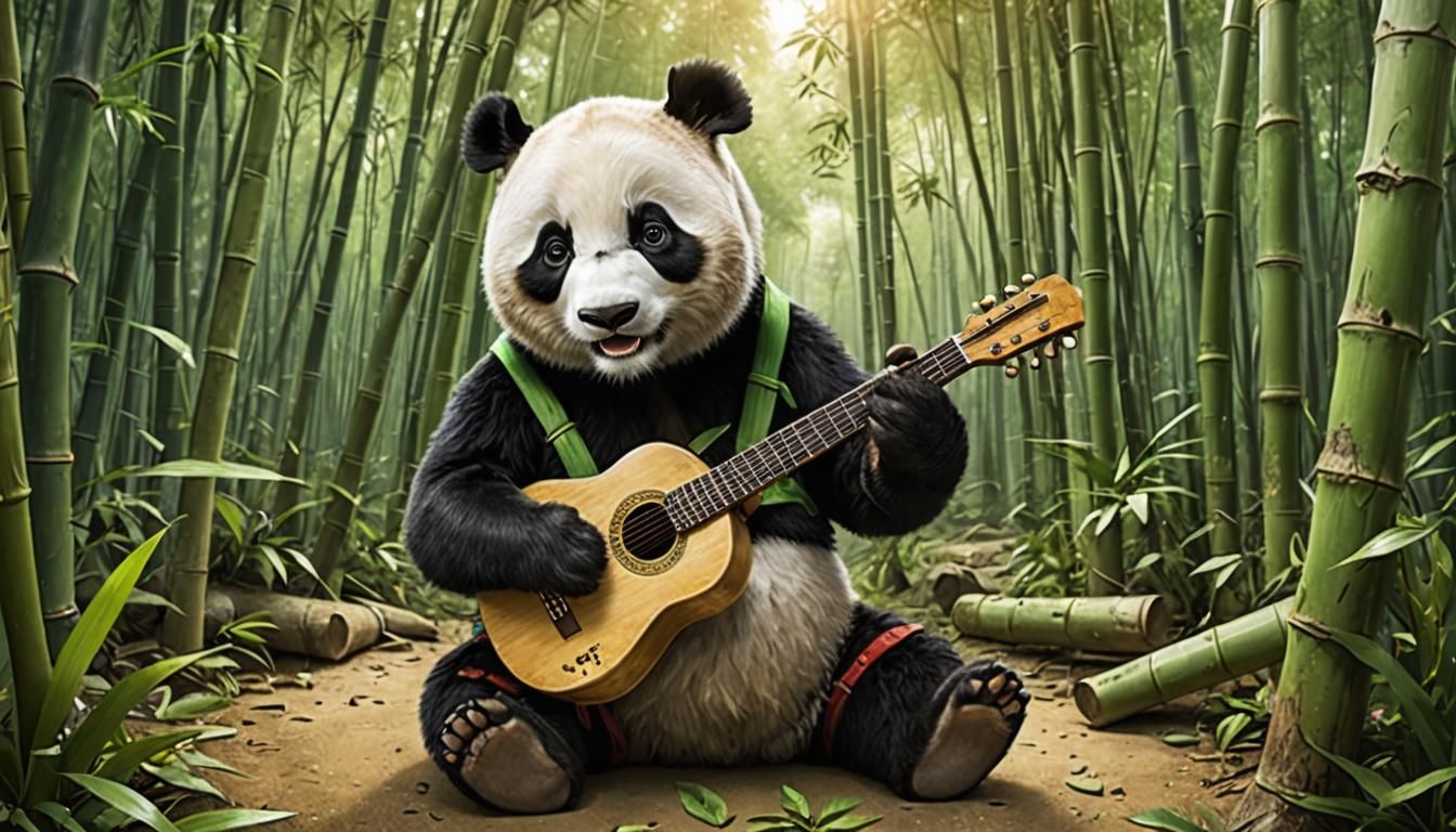 Panda Plays Guitar in Bamboo Forest