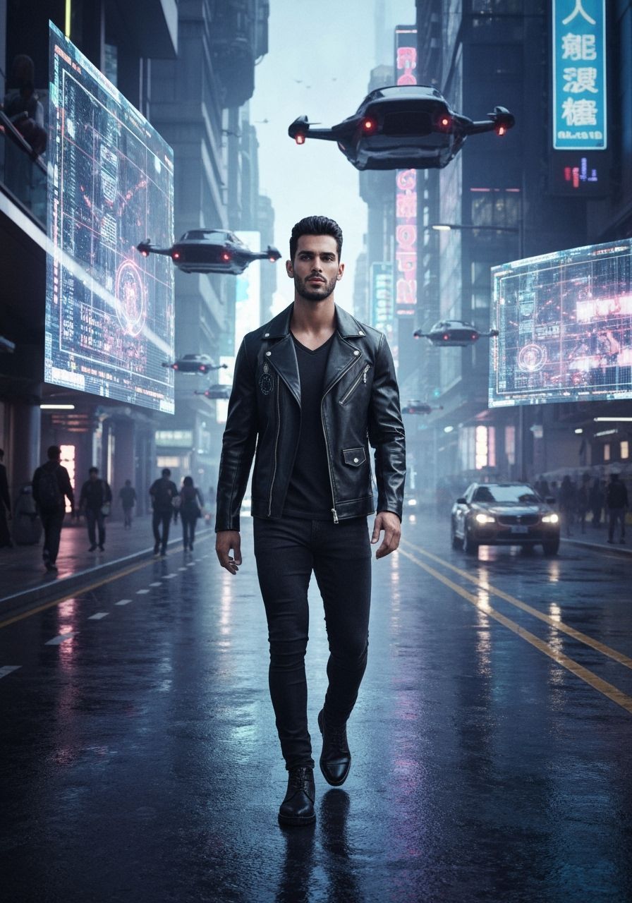 Sleek Man in Cyberpunk Cityscape Street Photography