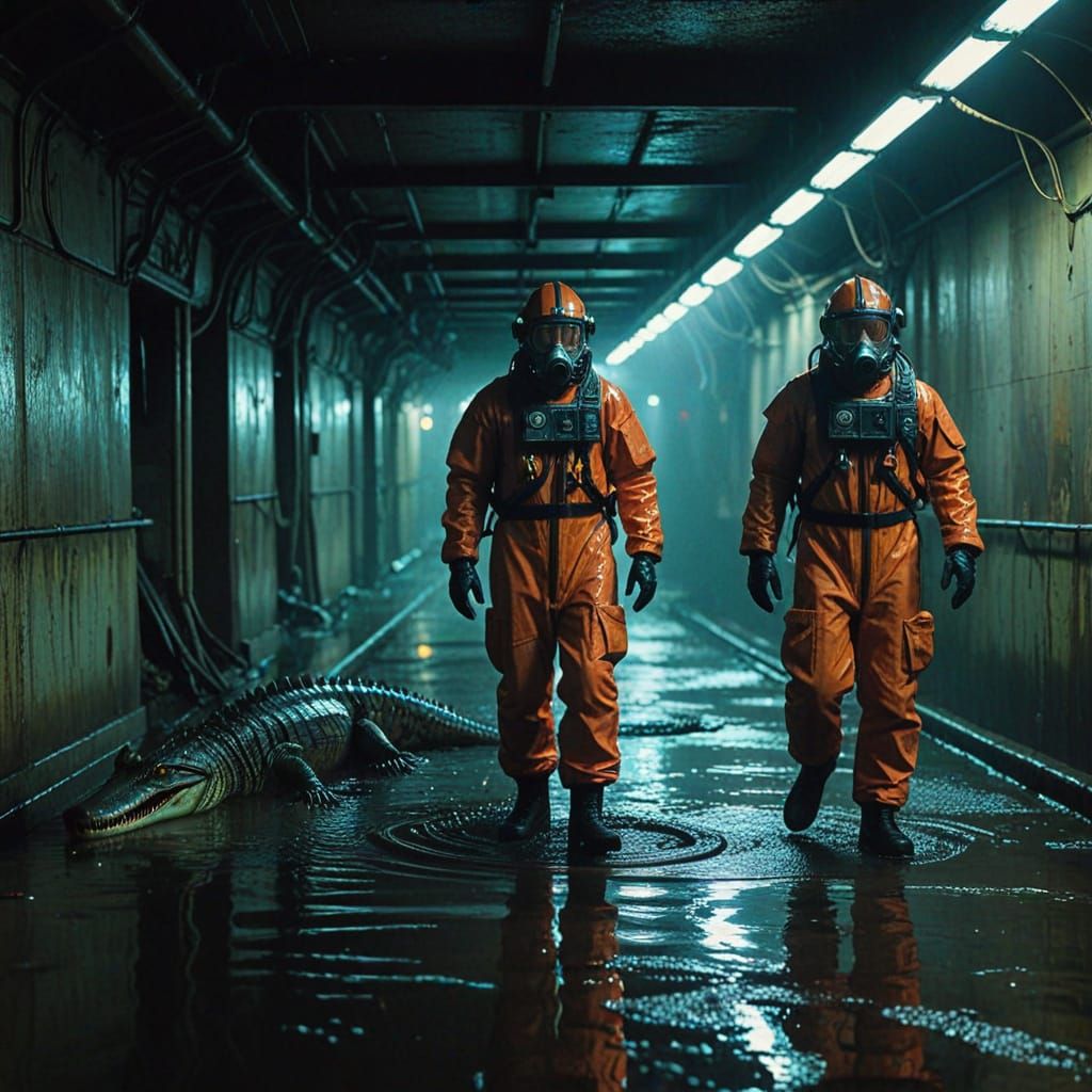 Gritty Cyberpunk Scene of Men in Hazmat Suits Catching an Al...