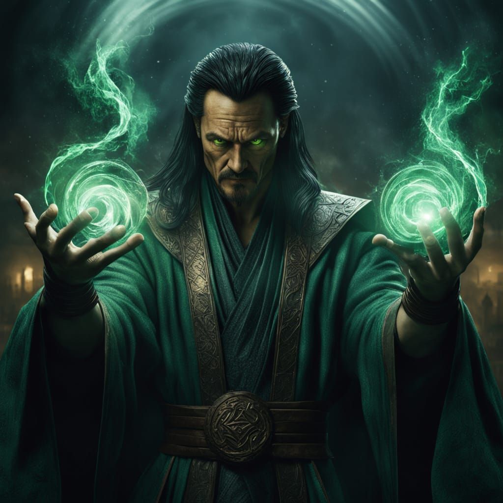 Dark Sorcerer Casting Spell with Green Energy