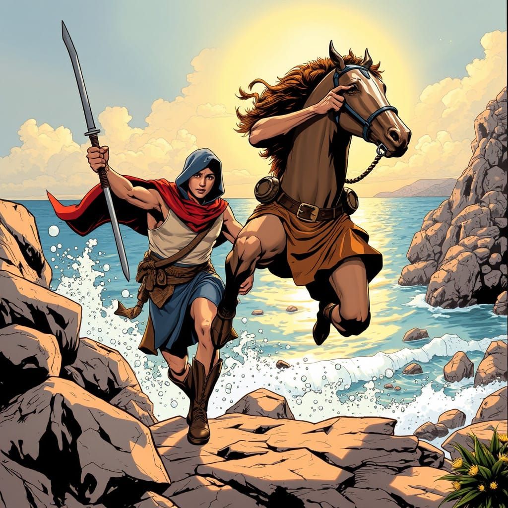 Heroic Mediterranean Battle in Comic Book Style