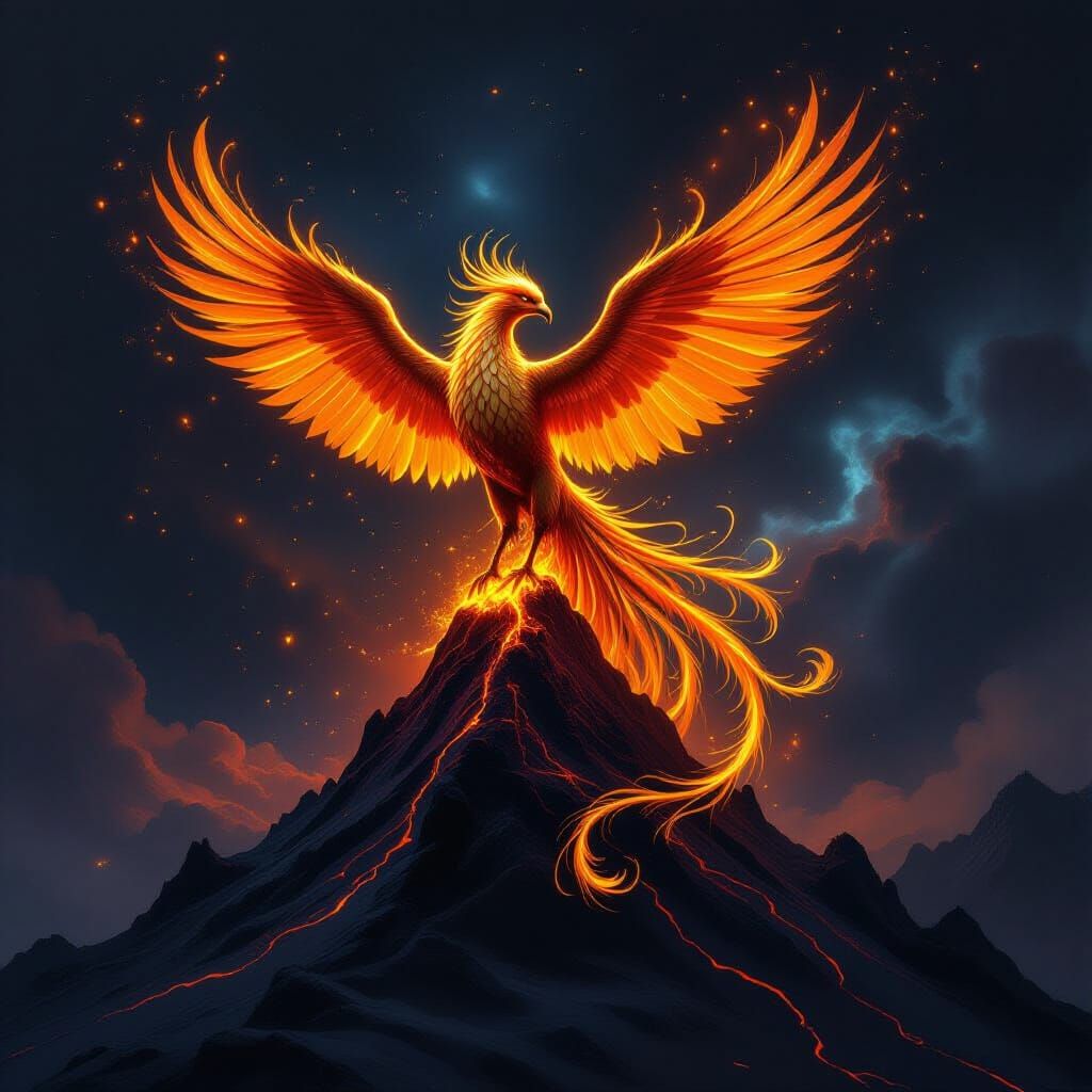 Majestic Phoenix of Gold and Embers on Volcanic Peak