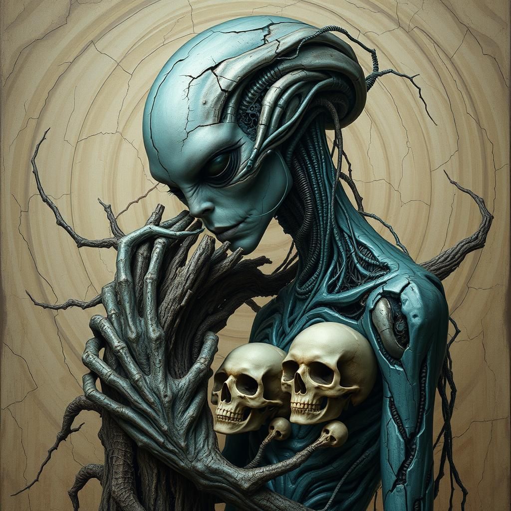 an abstract portrait of an alien female with a fractured elongated twisted head holding a fractured tree in her palms, ...