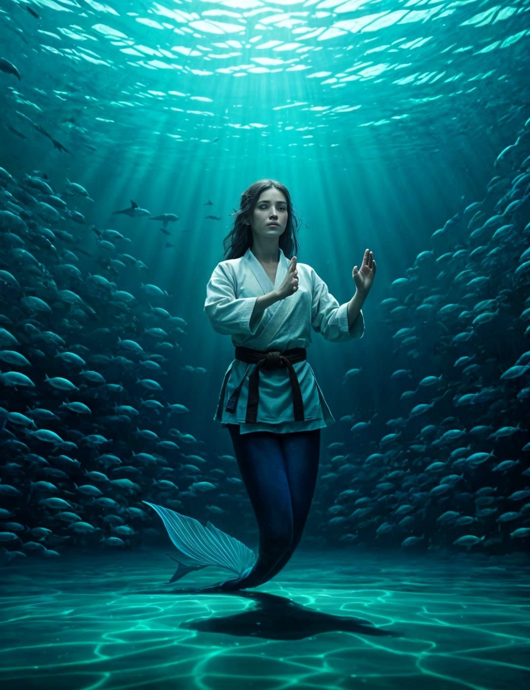 mermaid practices her karate