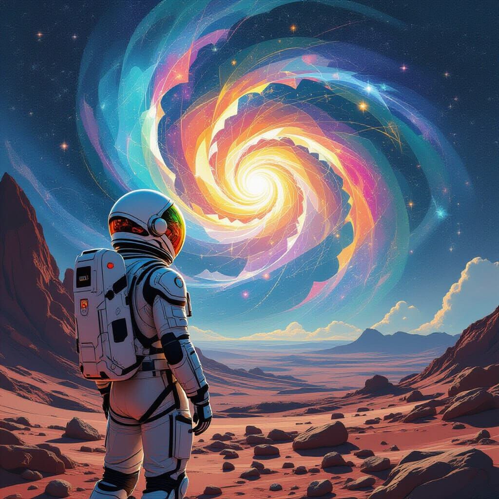 Astronaut Gazing at Galaxy in Art Nouveau Style