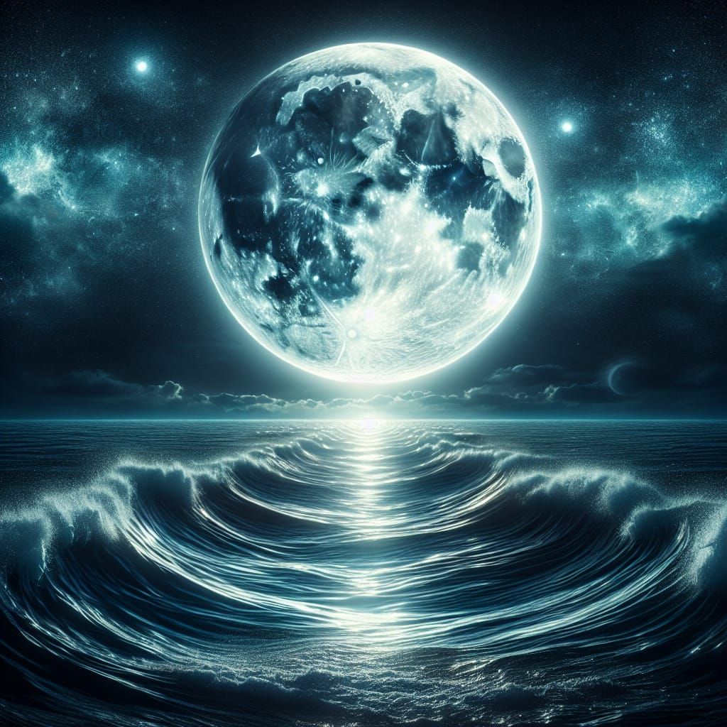 Enormous Luminous Moon Over Rippling Sea