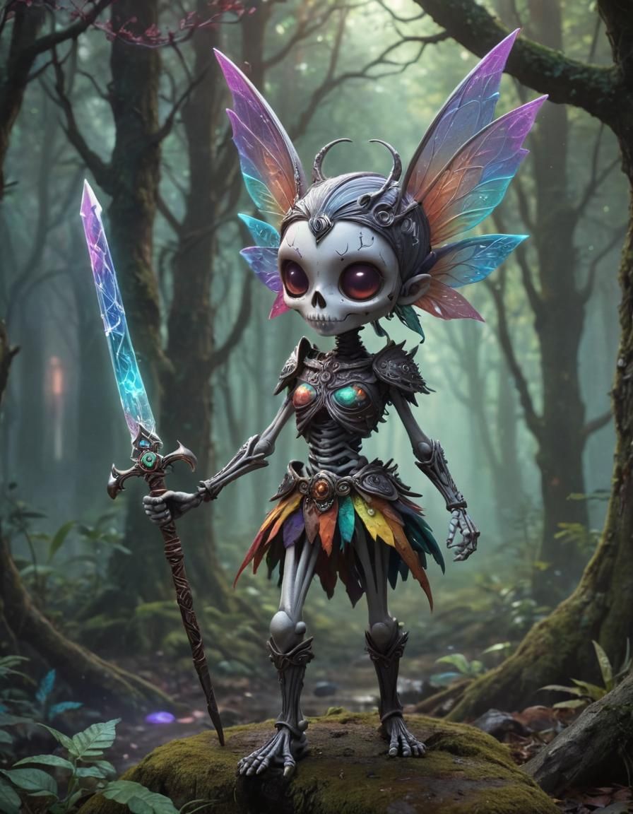 Pixie Skeleton Warrior in Bioluminescent Forest