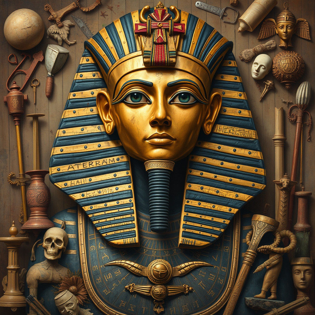 Pharaoh Portrait in Arcimboldo Style, Gouache and Watercolor