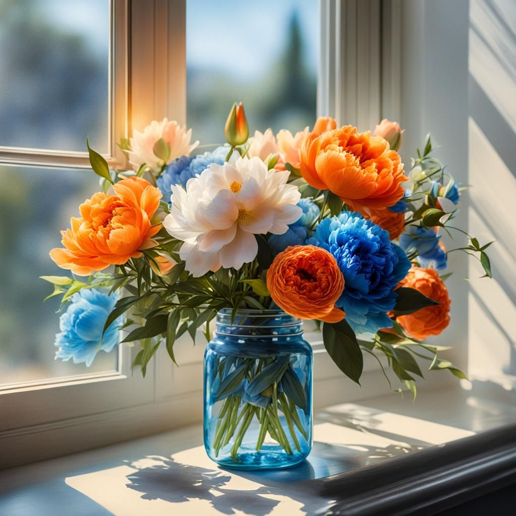 Hyper-Realistic Bouquet of Flowers by a Window