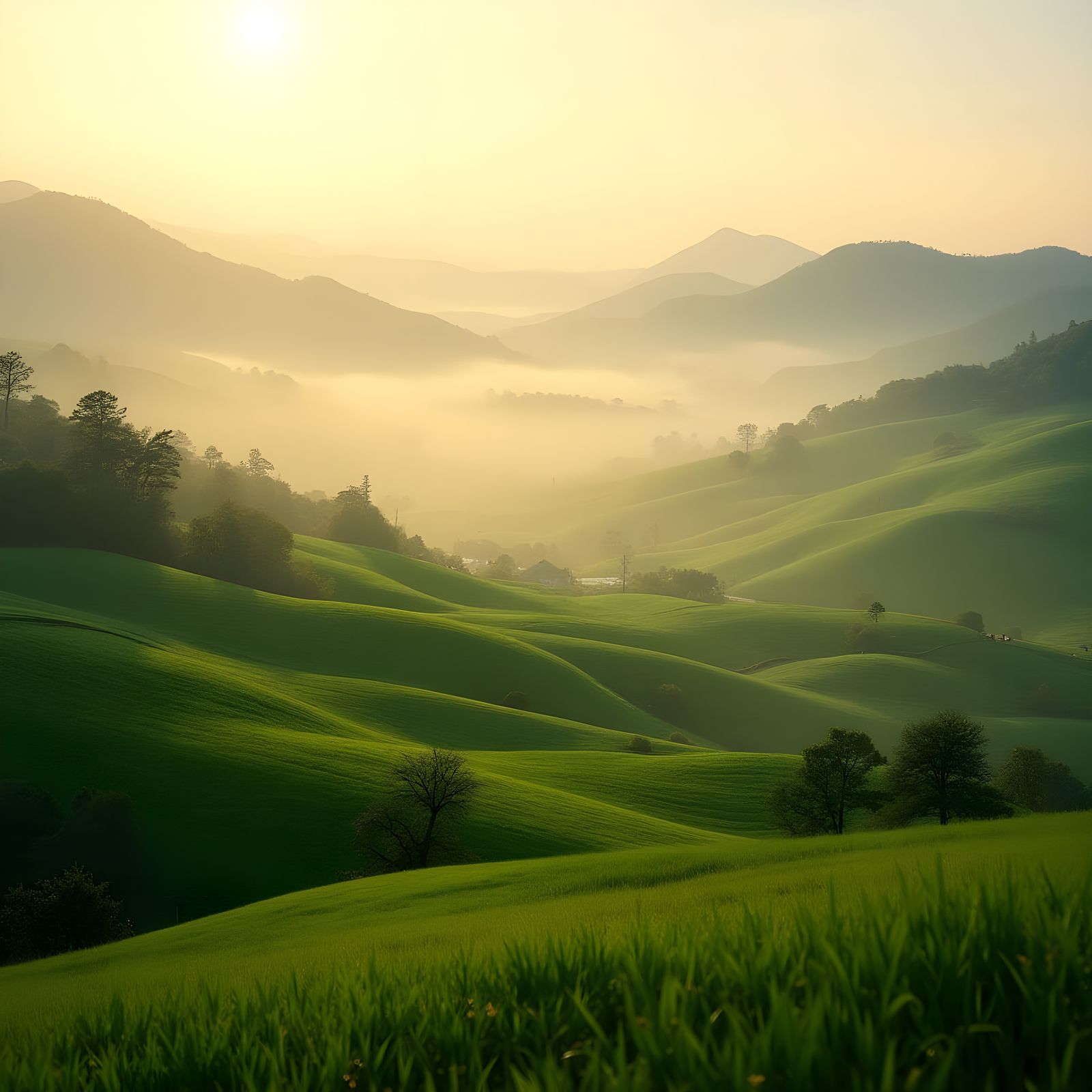 Picturesque Countryside Scene with Fog and Sunlight
