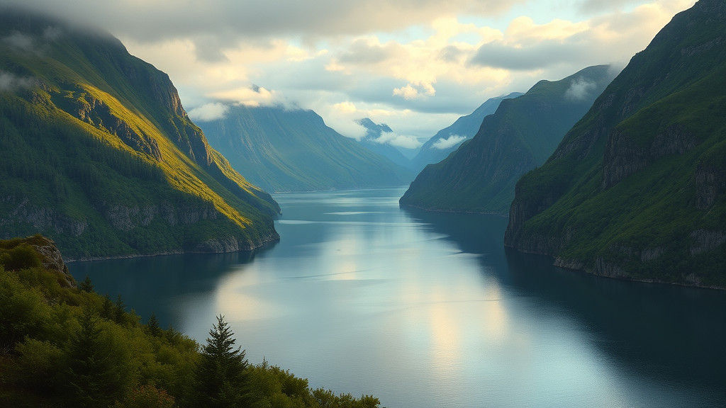 Norwegian Fjords in Romantic Oil Painting Style