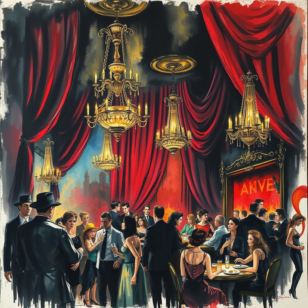 Vibrant Cabaret Scene as Impressionist Gouache Painting