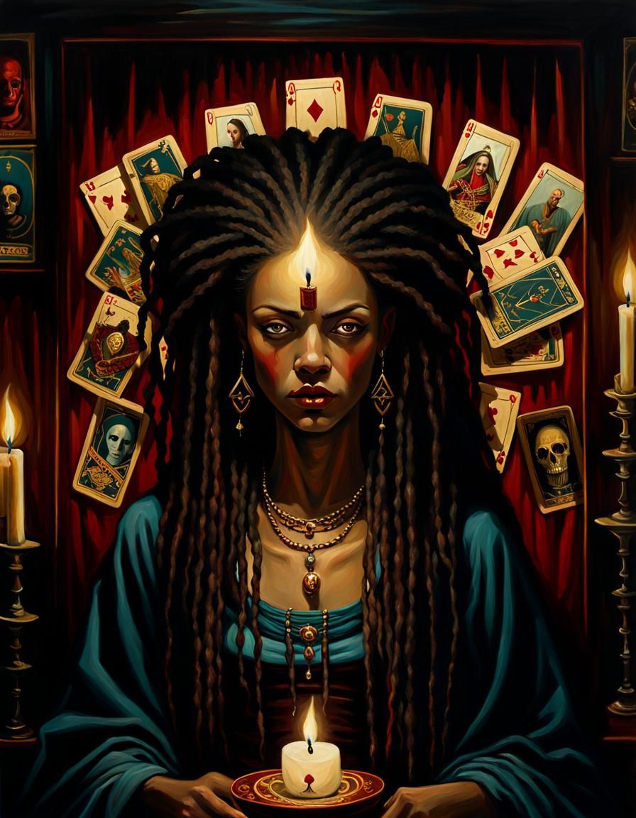 Mystical Voodoo Tarot Card Reader in Oil Painting Style