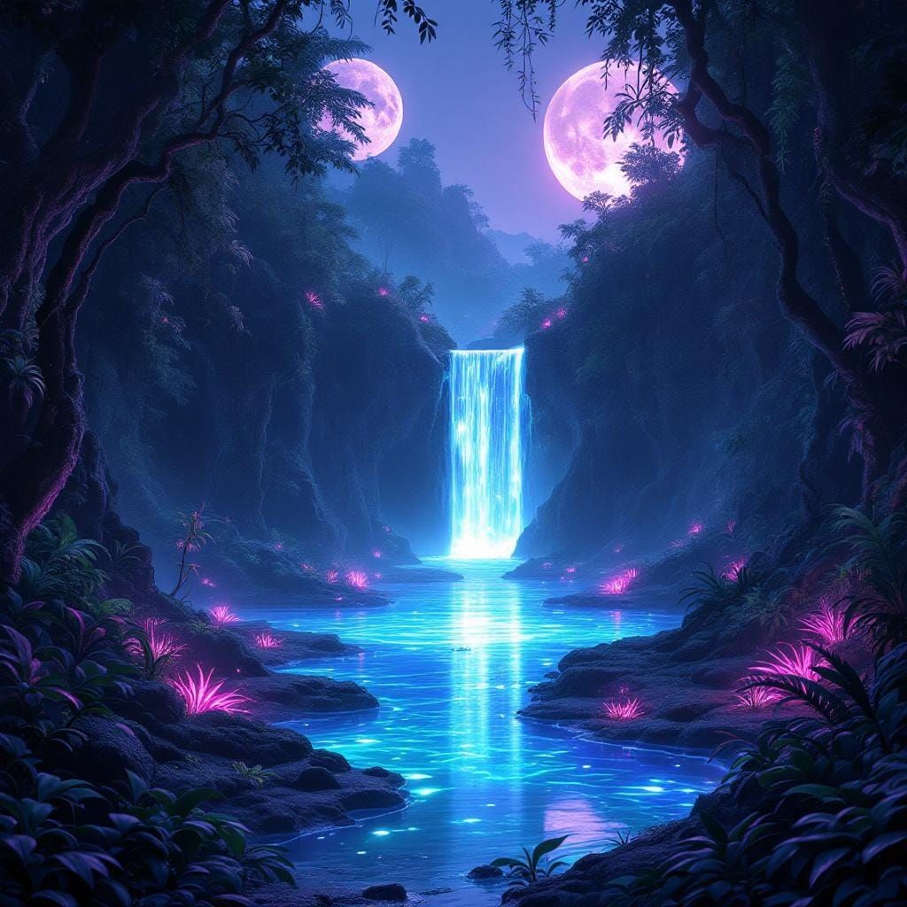 Bioluminescent Alien Jungle with Floating Pool, Concept Art
