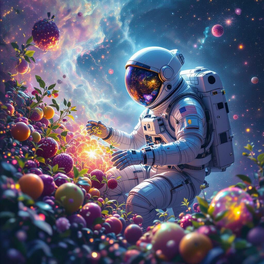 Astronaut Nurturing Alien Flora in Nebula