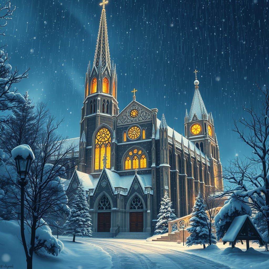 Gothic Cathedral in Snowy Winter Night