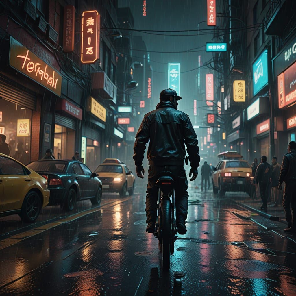 Pizza Delivery in Cyberpunk Cityscape