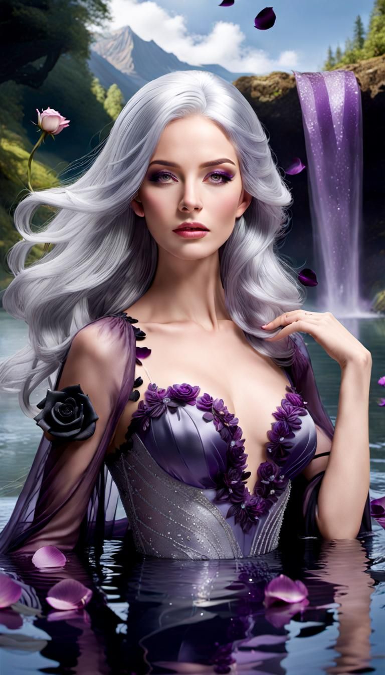 Silver-Haired Woman in Amethyst Gown by Lake