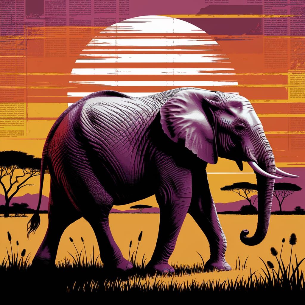 Elephant Silhouette at Sunset in Digital Art Style