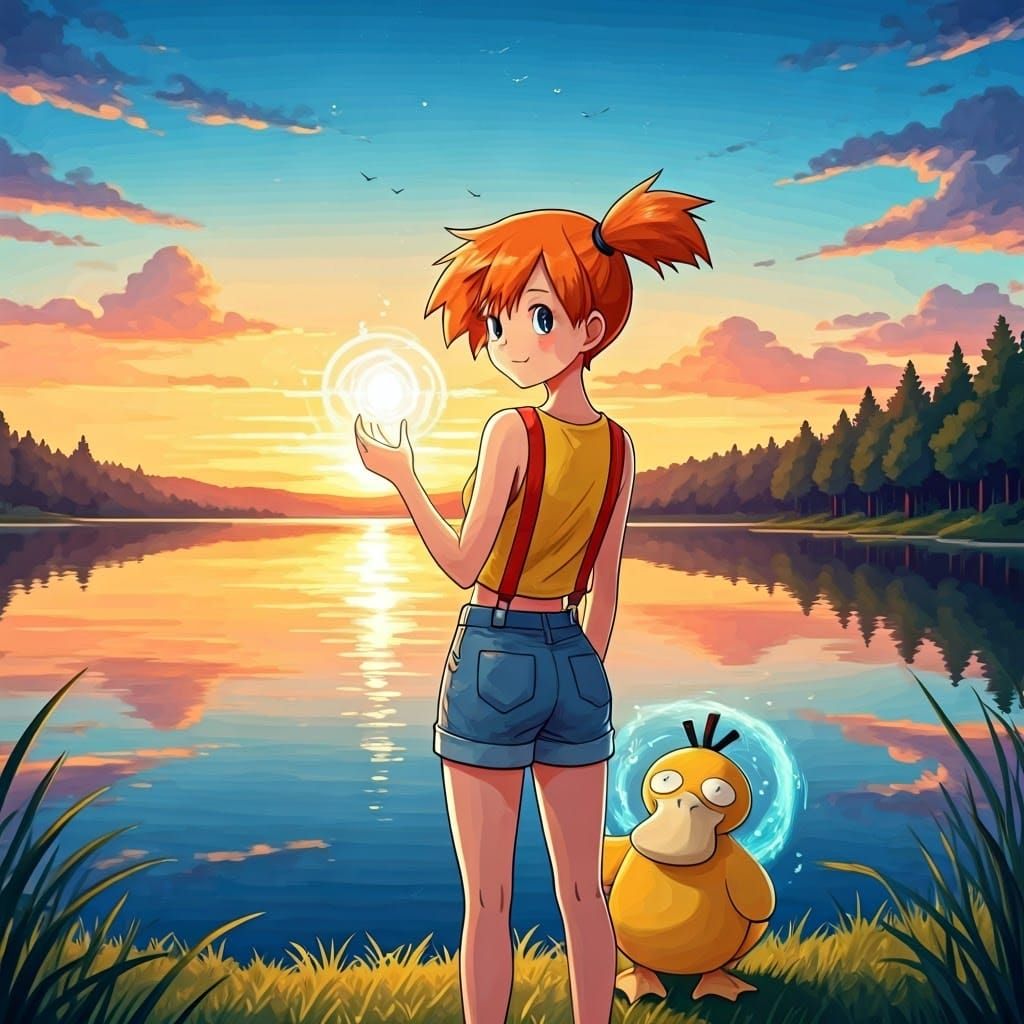 Misty with Psyduck in a Whimsical Watercolor Landscape