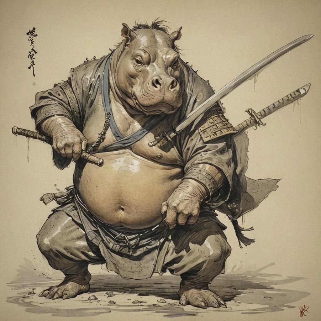Samurai Hippopotamus in Grotesque Caricature Style