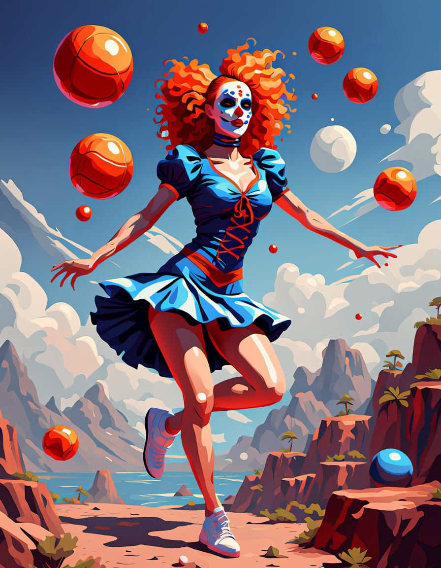 Vibrant Jolly Clown Cheerleader in Neo-Cubist Style